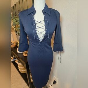 Diane Von Furstenberg Navy Blue Lace-Up 3/4 Sleeve Midi Dress Size6